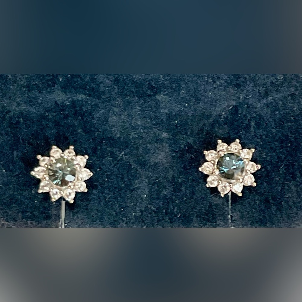 Australian Sapphire and white zircon Sunburst in platinum over Sterling Silver